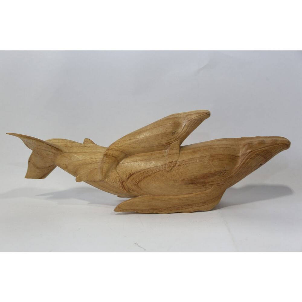 Wooden Whale, Mother and Baby, Hand Carved, Statue, Figure, Sculpture, Art, FLAW